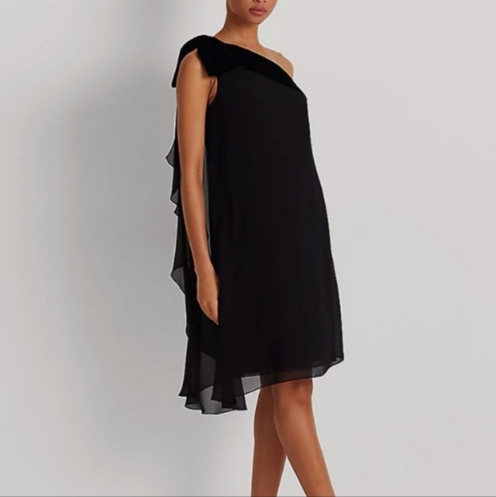 Ralph Lauren LRL Chiffon One Shoulder Velvet Bow Cocktail Dress Sz 4